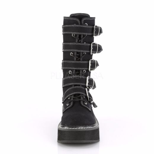 Product image of Demonia EMILY-341 Black Canvas 2 inch Platform Mid-Calf Boot With  5 Buckles Straps Metal Back Zip