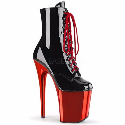 Product image of Pleaser FLAMINGO-1020 Black Patent/Red Chrome 8 inch (20 cm) Heel 4 inch (10 cm) Platform Lace-Up Ankle Boot Side Zip