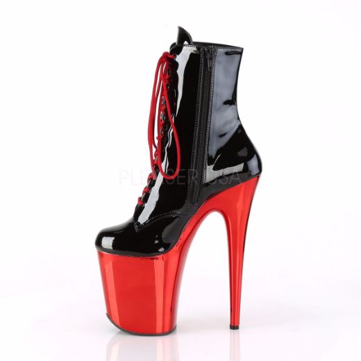 Product image of Pleaser FLAMINGO-1020 Black Patent/Red Chrome 8 inch (20 cm) Heel 4 inch (10 cm) Platform Lace-Up Ankle Boot Side Zip
