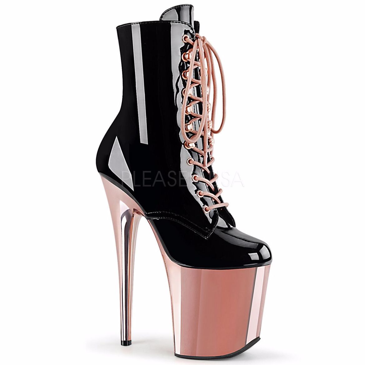 Product image of Pleaser FLAMINGO-1020 Black Patent/Rose Gold Chrome 8 inch (20 cm) Heel 4 inch (10 cm) Platform Lace-Up Ankle Boot Side Zip
