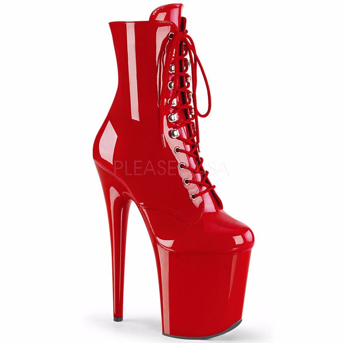 Product image of Pleaser FLAMINGO-1020 Red Patent/Red 8 inch (20.3 cm) Heel 4 inch (10.2 cm) Platform Lace-Up Ankle Boot Side Zip