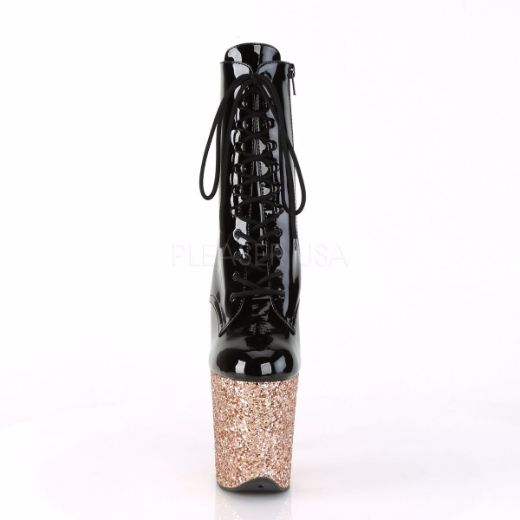 Product image of Pleaser FLAMINGO-1020LG Black Patent/Rose Gold Glitter 8 inch (20 cm) Heel 4 inch (10 cm) Platform Lace-Up Ankle Boot Side Zip