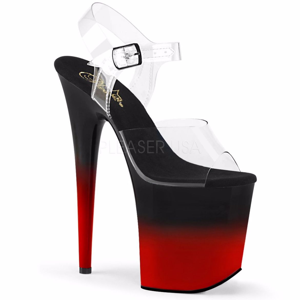 Product image of Pleaser FLAMINGO-808BR-H Clear/Black-Red 8 inch (20 cm) Heel 4 inch (10 cm) Platform Two Tone Ankle Strap Sandal Shoes