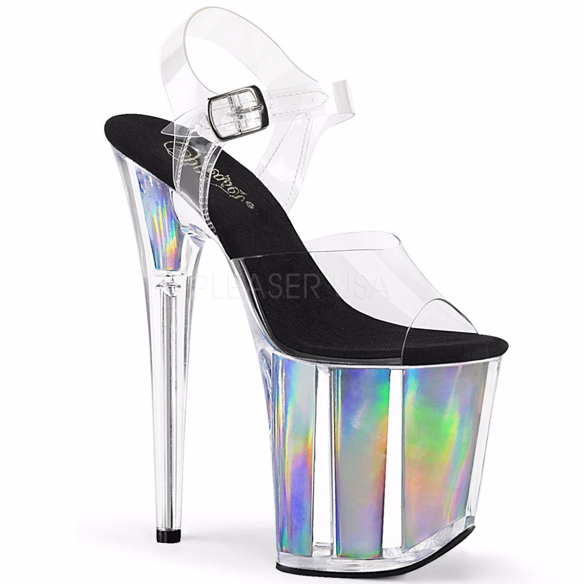 Product image of Pleaser FLAMINGO-808HGI Clear/Silver Holographic Inserts 8 inch (20 cm) Heel 4 inch (10 cm) Platform Ankle Strap Sandal With  Holographic Inserts Shoes