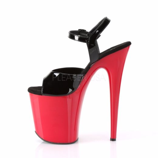 Product image of Pleaser FLAMINGO-809 Black Patent/Red 8 inch (20.3 cm) Heel 4 inch (10.2 cm) Platform Ankle Strap Sandal Shoes