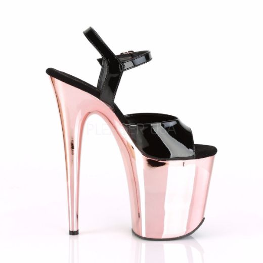 Product image of Pleaser FLAMINGO-809 Black Patent/Rose Gold Chrome 8 inch (20 cm) Heel 4 inch (10 cm) Platform Ankle Strap Sandal Shoes