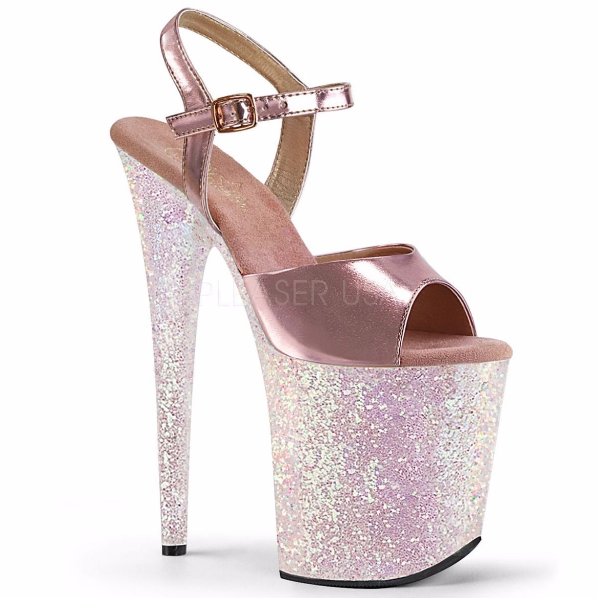 Product image of Pleaser FLAMINGO-809LG Rose Gold Metallic Polyurethane (Pu)/Multicolour Multicolour Glitter 8 inch (20.3 cm) Heel 4 inch (10.2 cm) Platform Ankle Strap Sandal With  Glitter Bottom Shoes