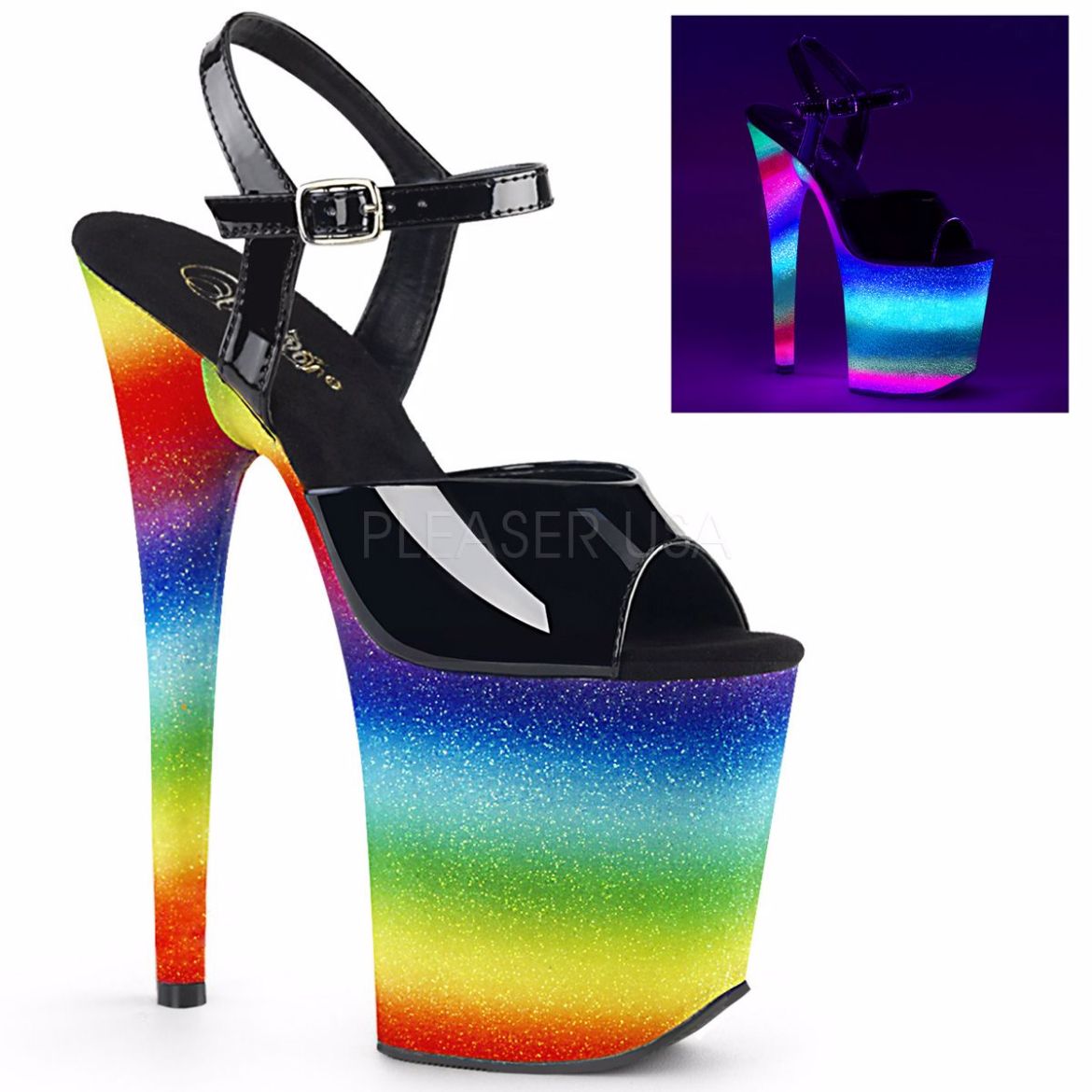 Product image of Pleaser FLAMINGO-809WR Black Patent/Rainbow Glitter 8 inch (20.3 cm) Heel 4 inch (10.2 cm) Wrapped Platform Ankle Strap Sandal Shoes
