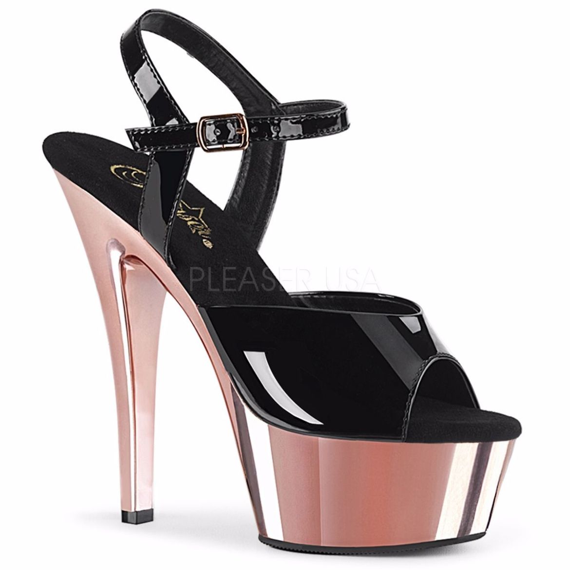 Product image of Pleaser KISS-209 Black Patent/Rose Gold Chrome 6 inch (15.2 cm) Heel 1 3/4 inch (4.5 cm) Platform Ankle Strap Sandal Shoes