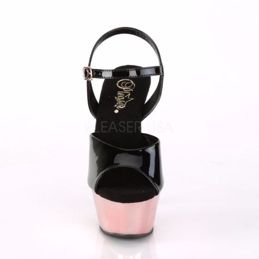 Product image of Pleaser KISS-209 Black Patent/Rose Gold Chrome 6 inch (15.2 cm) Heel 1 3/4 inch (4.5 cm) Platform Ankle Strap Sandal Shoes