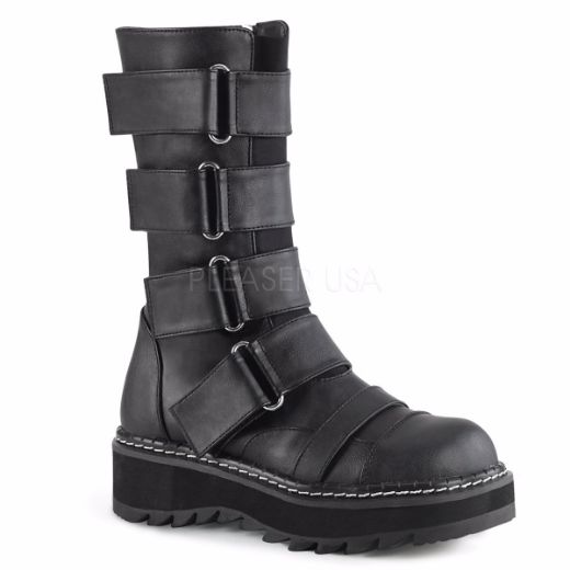 Product image of Demonia LILITH-211 Black Vegan Faux Leather 1 1/4 inch Platform Front Straps Mid-Calf Boot Side Zip