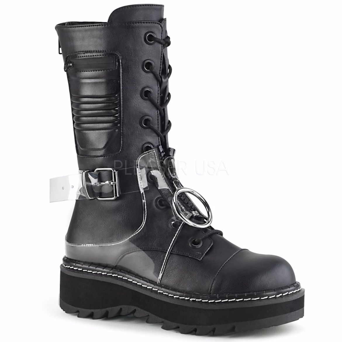 Product image of Demonia LILITH-271 Black Vegan Faux Leather-Clear Polyurethane (Pu) 1 1/4 inch Platform Lace-Up Mid-Calf Boot Back Zip