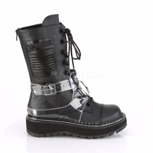 Product image of Demonia LILITH-271 Black Vegan Faux Leather-Clear Polyurethane (Pu) 1 1/4 inch Platform Lace-Up Mid-Calf Boot Back Zip