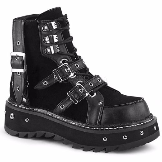 Product image of Demonia LILITH-278 Black Vegan Faux Leather-Vegan Faux Suede 1 1/4 inch Platform Lace-Up Ankle Boot Side Zip