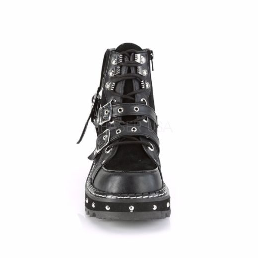 Product image of Demonia LILITH-278 Black Vegan Faux Leather-Vegan Faux Suede 1 1/4 inch Platform Lace-Up Ankle Boot Side Zip