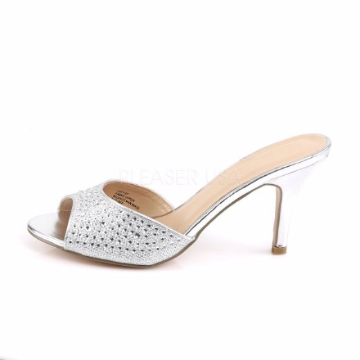 Product image of Fabulicious LUCY-01 Silver Glitter Mesh Fabric 3 1/4 inch (8.3 cm) Heel Slide Embellished With Rhinestones Glitter Slide Mule Shoes