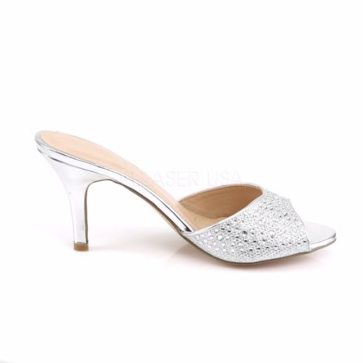 Product image of Fabulicious LUCY-01 Silver Glitter Mesh Fabric 3 1/4 inch (8.3 cm) Heel Slide Embellished With Rhinestones Glitter Slide Mule Shoes