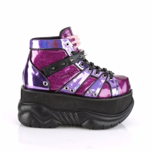 Product image of Demonia NEPTUNE-100 Purple Glitter-Holographic 3 inch Platform Lace-Up Ankle Bootie With  Hook N' Loop Straps