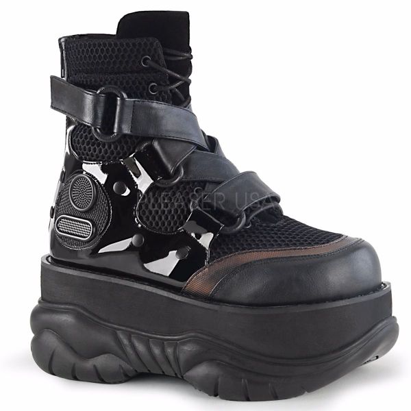 Product image of Demonia NEPTUNE-126 Black Vegan Faux Leather-Fishnet Fabric-Patent 3 inch Platform Lace-Up Ankle Boot With  Hook N' Loop Straps Back Zip