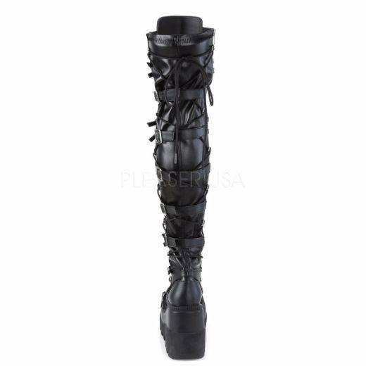 Product image of Demonia SHAKER-350 Black Veagn Faux Leather-Stretch 4 1/2 inch Wedge Platform Lace-Up Over-The Knee Boot Side Zip Knee High Boot