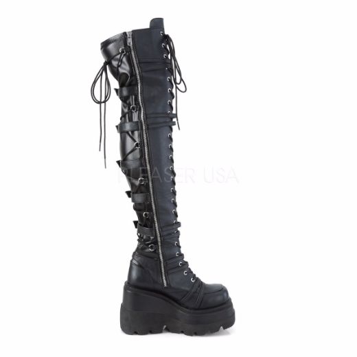 Product image of Demonia SHAKER-350 Black Veagn Faux Leather-Stretch 4 1/2 inch Wedge Platform Lace-Up Over-The Knee Boot Side Zip Knee High Boot