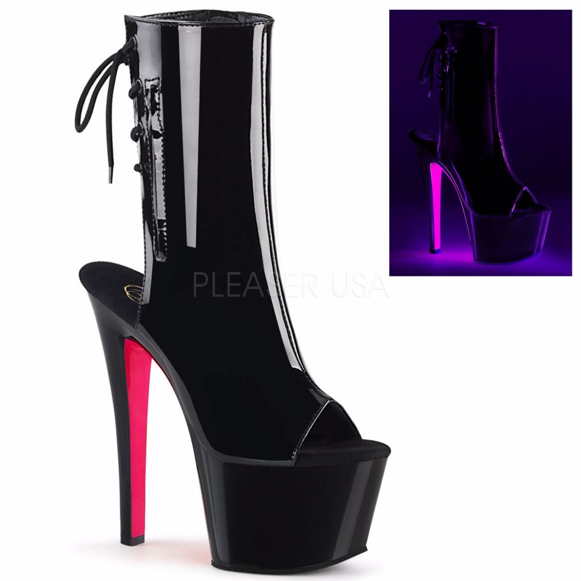 Product image of Pleaser SKY-1018TT Black Patent/Black-Neon Hot Pink 7 inch (17.8 cm) Heel,2 3/4 inch (7 cm)Platform Open Toe/Heel Two Tone Ankle Boot Side Zip
