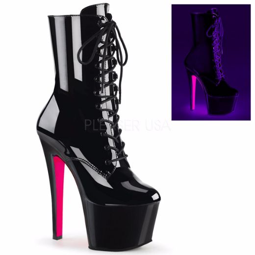 Product image of Pleaser SKY-1020TT Black Patent/Black-Neon Hot Pink 7 inch (17.8 cm) Heel 2 3/4 inch (7 cm) Platform Two Tone Lace-Up Ankle Boot Side Zip