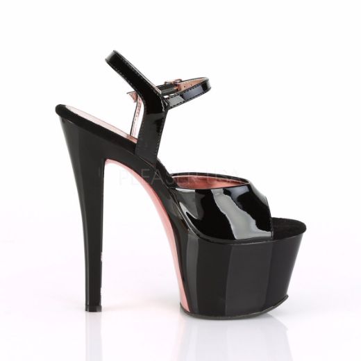 Product image of Pleaser SKY-309TT Black Patent/Black-Rose Gold Chrome 7 inch (17.8 cm) Heel 2 3/4 inch (7 cm) Platform Two Tone Ankle Strap Sandal Shoes
