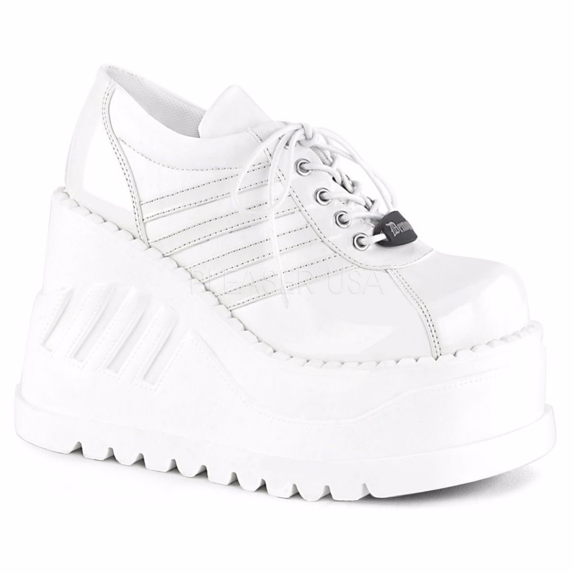 Product image of Demonia STOMP-08 White Patent-Vegan Faux Leather 4 3/4 inch Wedge Platform Lace-Up Shoe