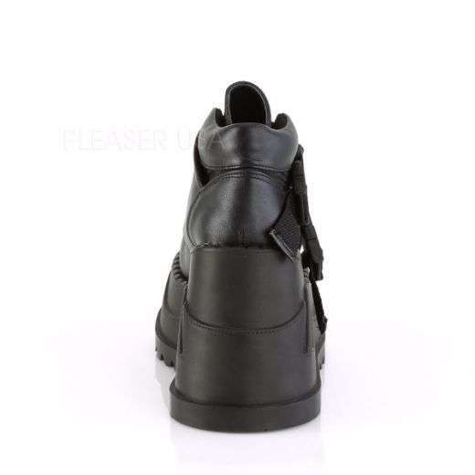 Product image of Demonia STOMP-15 Black Vegan Faux Leather 4 3/4 inch Wedge Platform Bootie With Snap Buckles Detail
