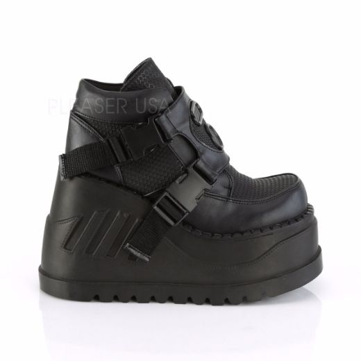 Product image of Demonia STOMP-15 Black Vegan Faux Leather 4 3/4 inch Wedge Platform Bootie With Snap Buckles Detail