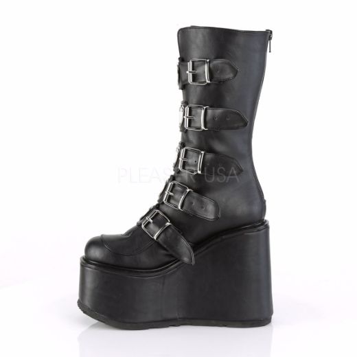 Product image of Demonia SWING-230 Black Vegan Faux Leather 5 1/2 inch Platform Mid-Calf Boot With  5 Buckles Straps Back Metal Zip
