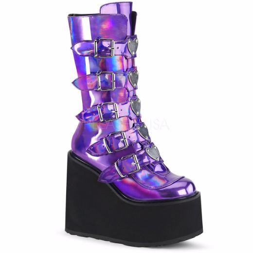 Product image of Demonia SWING-230 Purple Holographic 5 1/2 inch Platform Mid-Calf Boot With  5 Buckles Straps Back Metal Zip