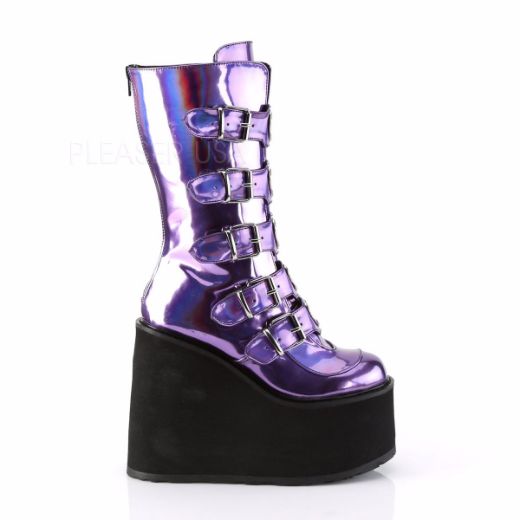 Product image of Demonia SWING-230 Purple Holographic 5 1/2 inch Platform Mid-Calf Boot With  5 Buckles Straps Back Metal Zip