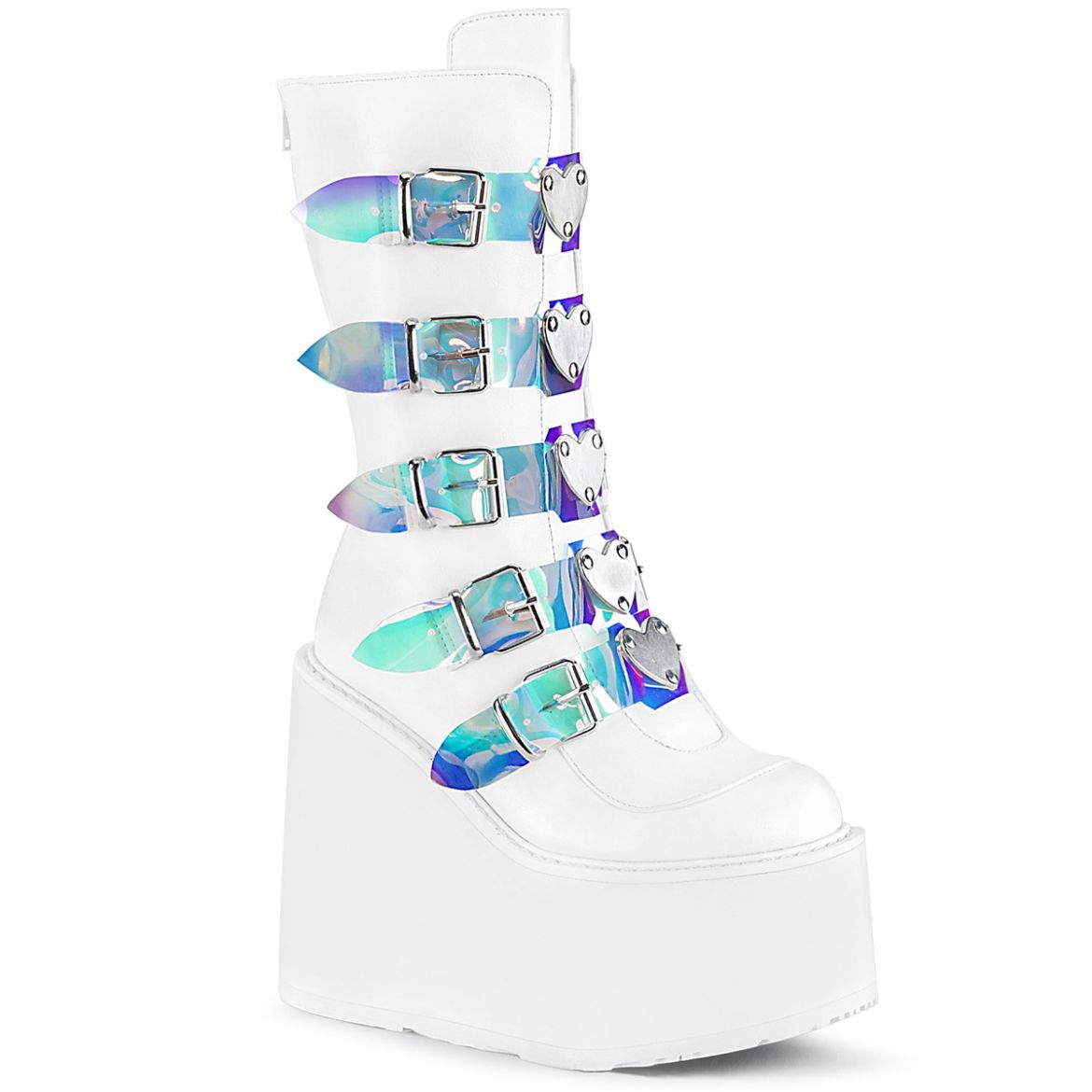 Product image of Demonia SWING-230 White Vegan Faux Leather 5 1/2 inch Platform Mid-Calf Boot With  5 Buckles Straps Back Metal Zip