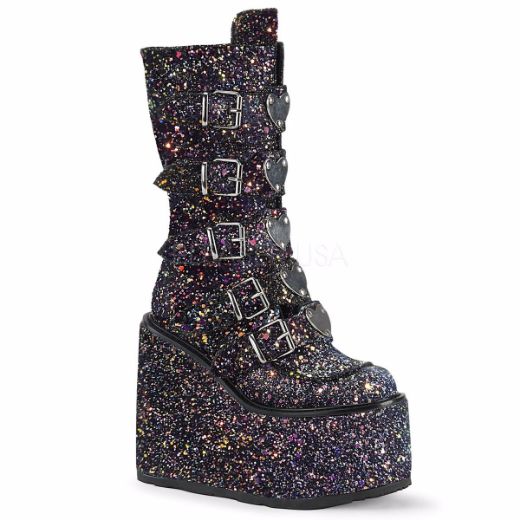 Product image of Demonia SWING-230G Black Multicolour Glitter 5 1/2 inch Platform Mid-Calf Boot With  5 Buckles Straps Back Metal Zip