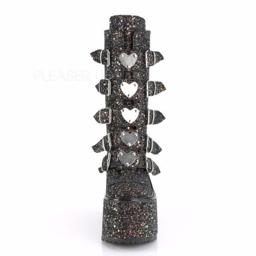 Product image of Demonia SWING-230G Black Multicolour Glitter 5 1/2 inch Platform Mid-Calf Boot With  5 Buckles Straps Back Metal Zip