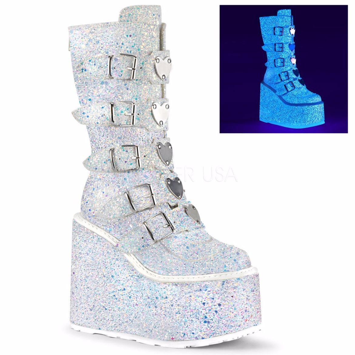 Product image of Demonia SWING-230G White Multicolour Glitter 5 1/2 inch Platform Mid-Calf Boot With  5 Buckles Straps Back Metal Zip