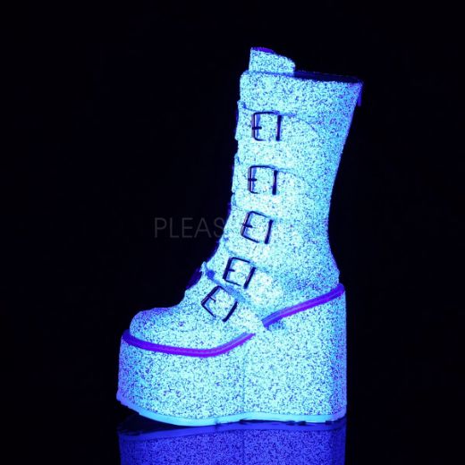 Product image of Demonia SWING-230G White Multicolour Glitter 5 1/2 inch Platform Mid-Calf Boot With  5 Buckles Straps Back Metal Zip