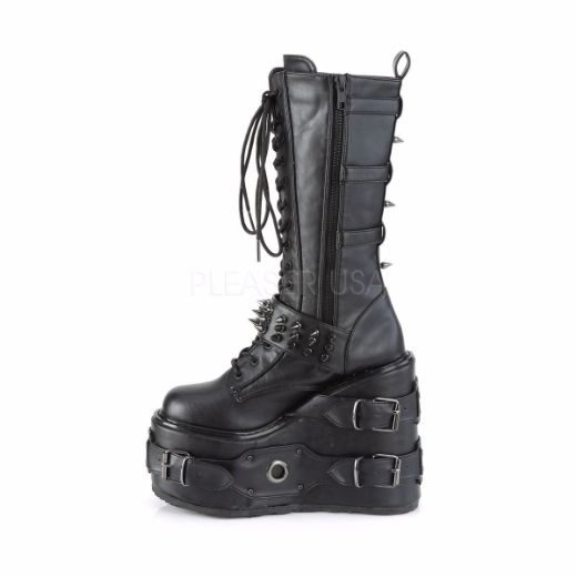 Product image of Demonia SWING-327 Black Vegan Faux Leather 5 1/2 inch Platform Lace-Up Mid-Calf Boot Side Zip Knee High Boot