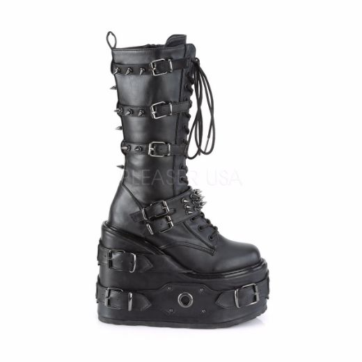 Product image of Demonia SWING-327 Black Vegan Faux Leather 5 1/2 inch Platform Lace-Up Mid-Calf Boot Side Zip Knee High Boot