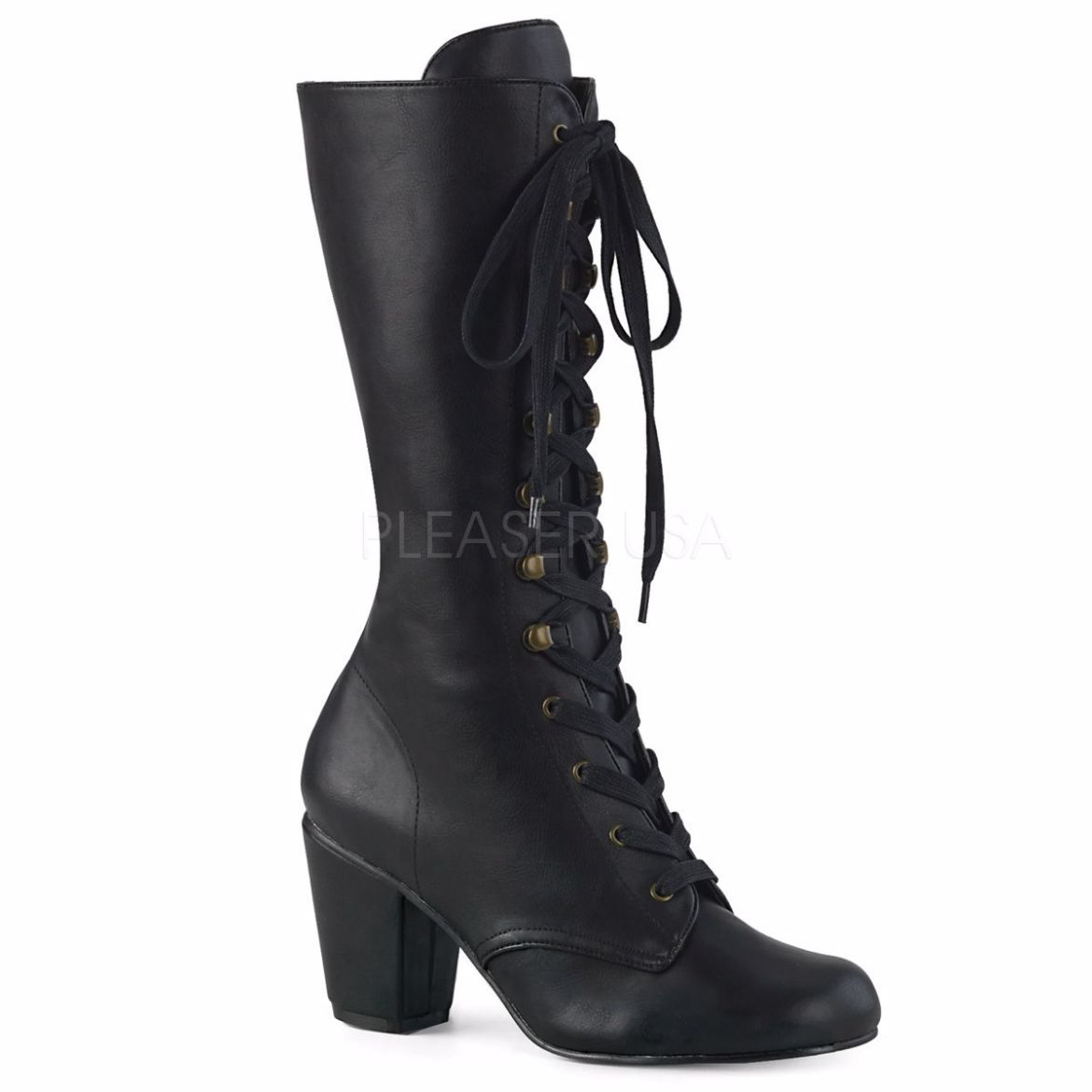 Product image of Demonia VIVIKA-205 Black Vegan Faux Leather 3 inch (7.6 cm) Block Heel Round Toe Lace-Up Mid-Calf Boot Size Zip