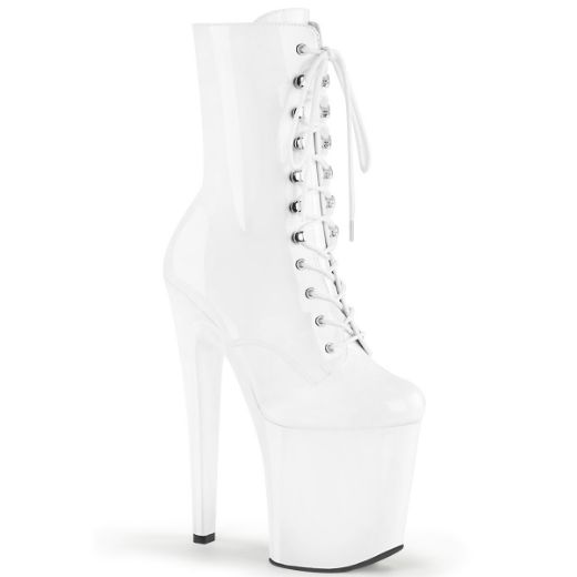 Product image of Pleaser XTREME-1020 White Patent/White 8 inch (20.4 cm) Heel 4 inch (10.2 cm) Platform Lace-Up Ankle Boot Side Zip