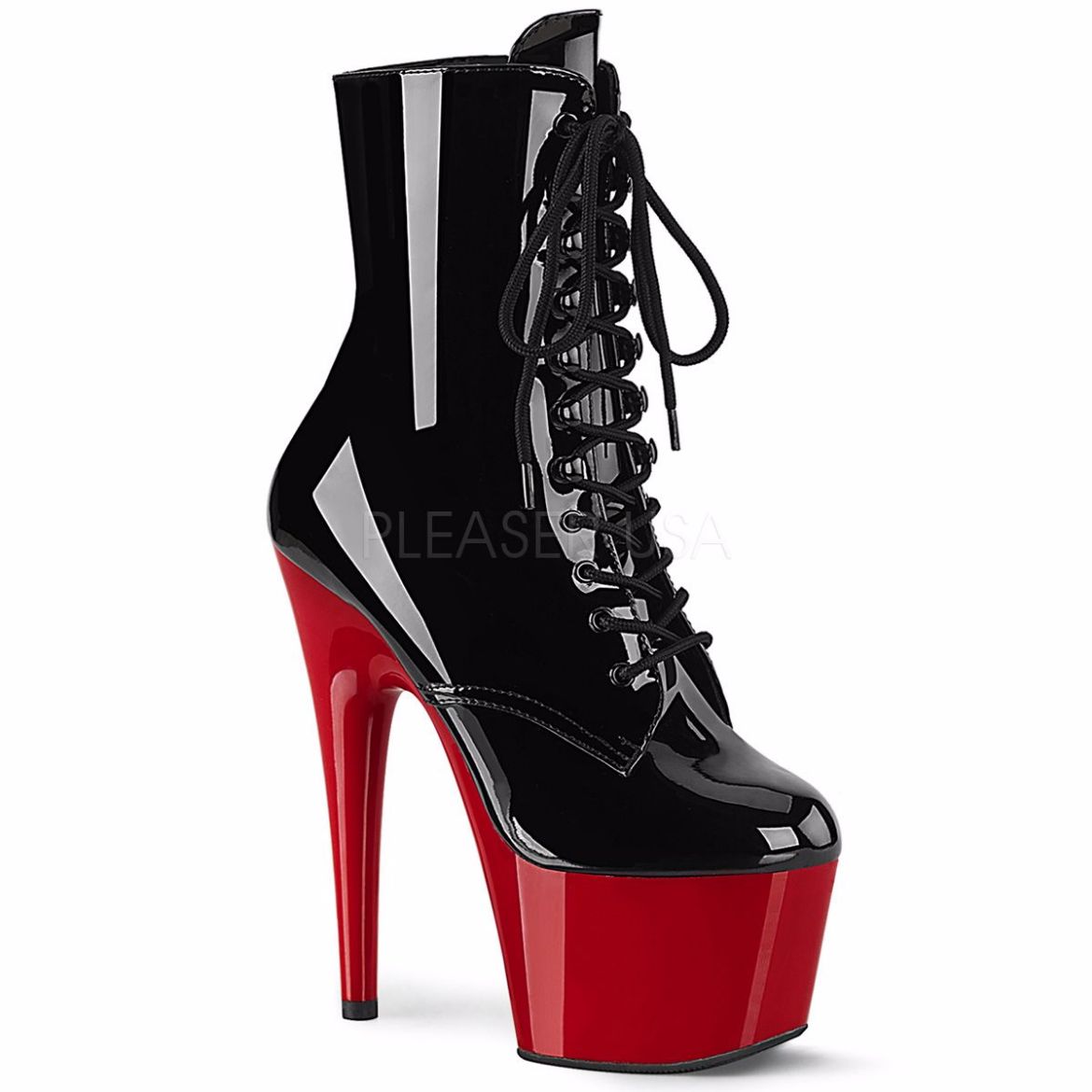 Product image of Pleaser ADORE-1020 Black Patent/Red 7 inch (17.8 cm) Heel 2 3/4 inch (7 cm) Platform Two Tone Lace-Up Ankle Boot Side Zip