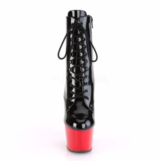 Product image of Pleaser ADORE-1020 Black Patent/Red 7 inch (17.8 cm) Heel 2 3/4 inch (7 cm) Platform Two Tone Lace-Up Ankle Boot Side Zip