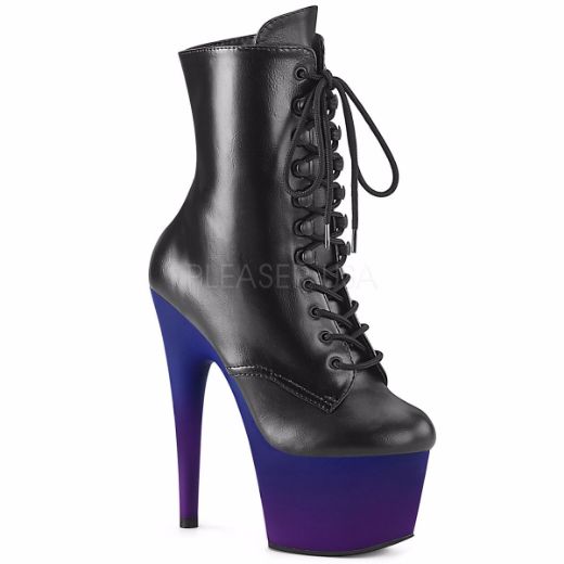Product image of Pleaser ADORE-1020BP Black Faux Leather/Blue-Purple Ombre 7 inch (17.8 cm) Heel 2 3/4 inch (7 cm) Platform Lace-Up Ankle Boot Side Zip