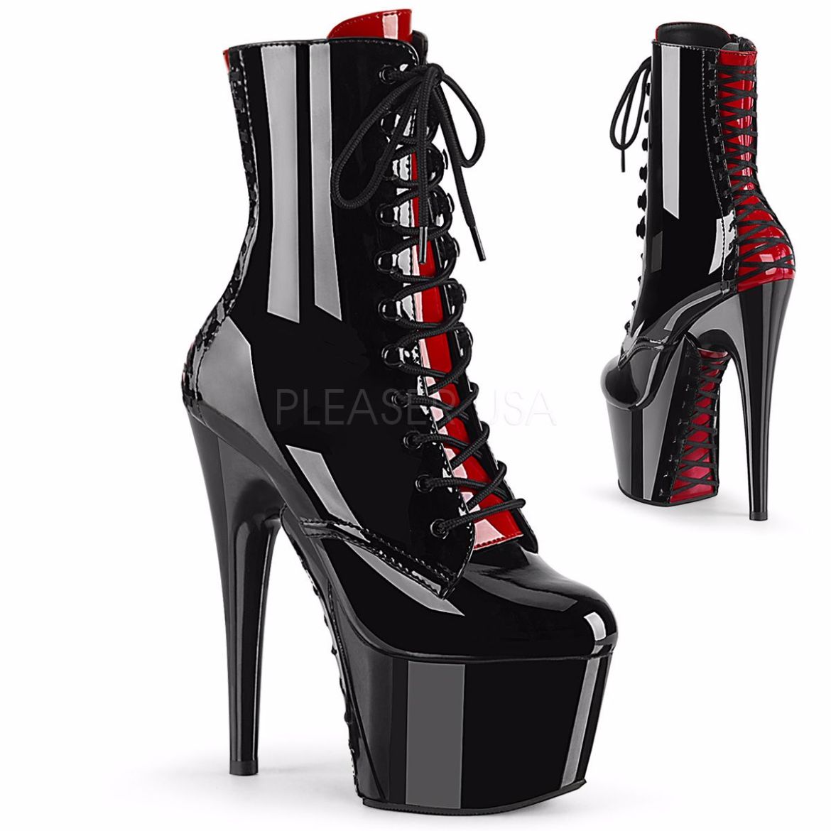 Product image of Pleaser ADORE-1020FH Black-Red Patent/Black-Red 7 inch (17.8 cm) Heel 2 3/4 inch (7 cm) Platform Two Tone Lace-Up Ankle Boot Side Zip