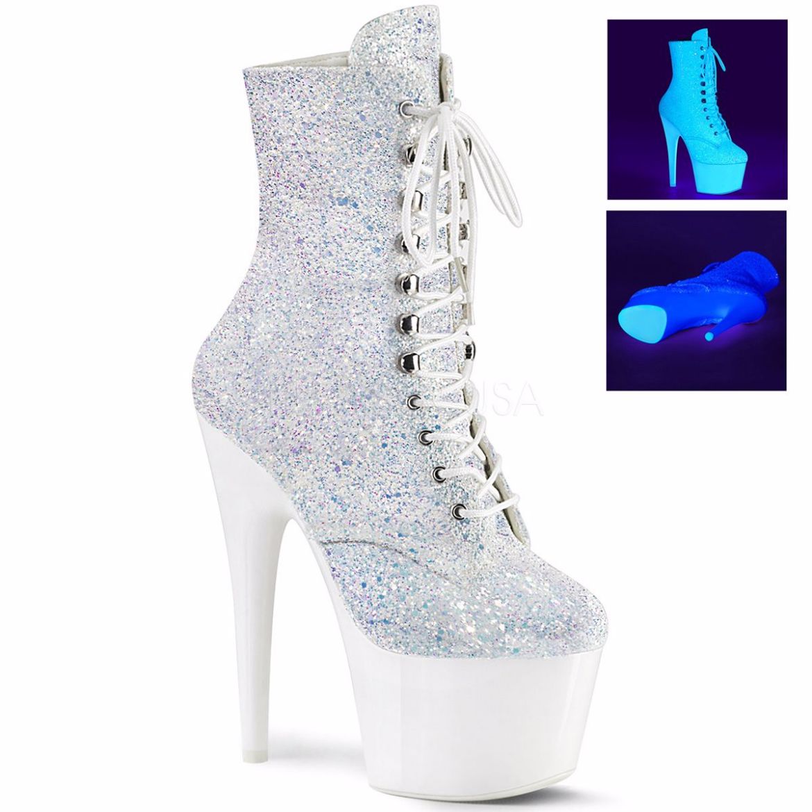 Product image of Pleaser ADORE-1020LG Neon White Multicolour Glitter/Neon White 7 inch (17.8 cm) Heel 2 3/4 inch (7 cm) Platform Lace-Up Front Ankle Boot Side Zip