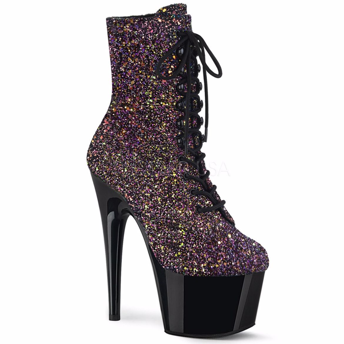 Product image of Pleaser ADORE-1020LG Purple Multicolour Glitter/Black 7 inch (17.8 cm) Heel 2 3/4 inch (7 cm) Platform Lace-Up Front Ankle Boot Side Zip