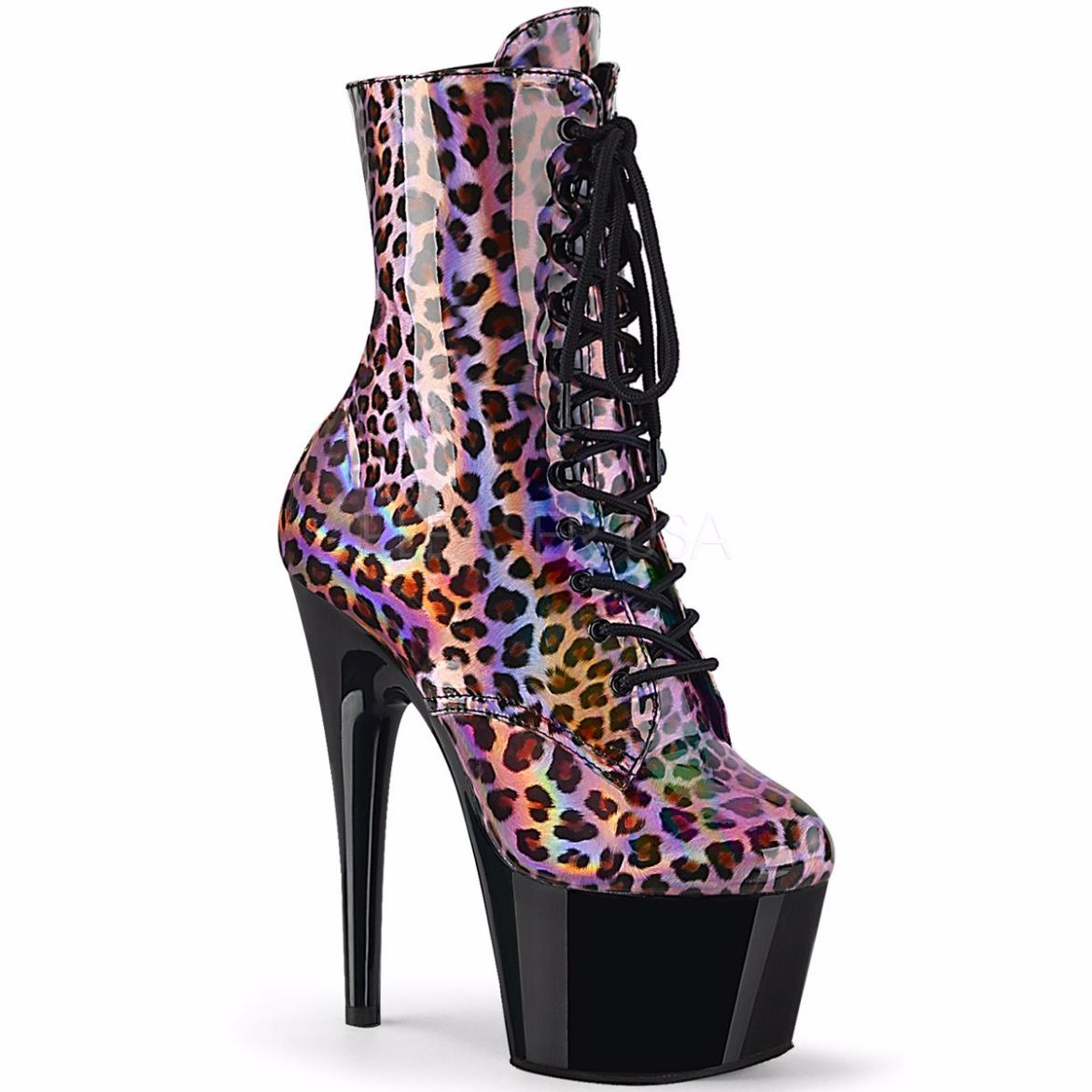 Product image of Pleaser ADORE-1020LP Pink Holographic/Black 7� Heel 2 3/4 inch (17.8 cm) Platform Lace-Up Front Ankle Boot Side Zip